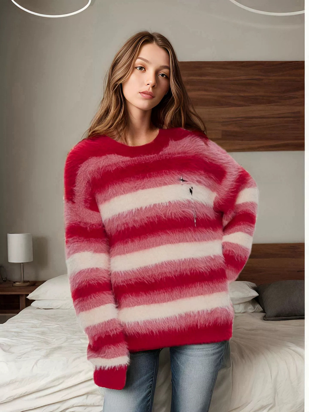 ZARA Christmas Red Striped Long Plush Crew Neck Oversized Sweater Womens